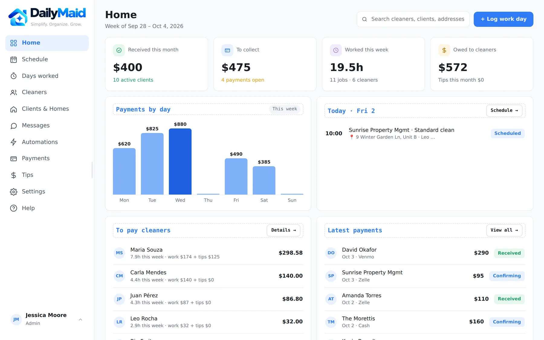 DailyMaid dashboard showing money received, what's left to collect, hours worked this week and today's jobs